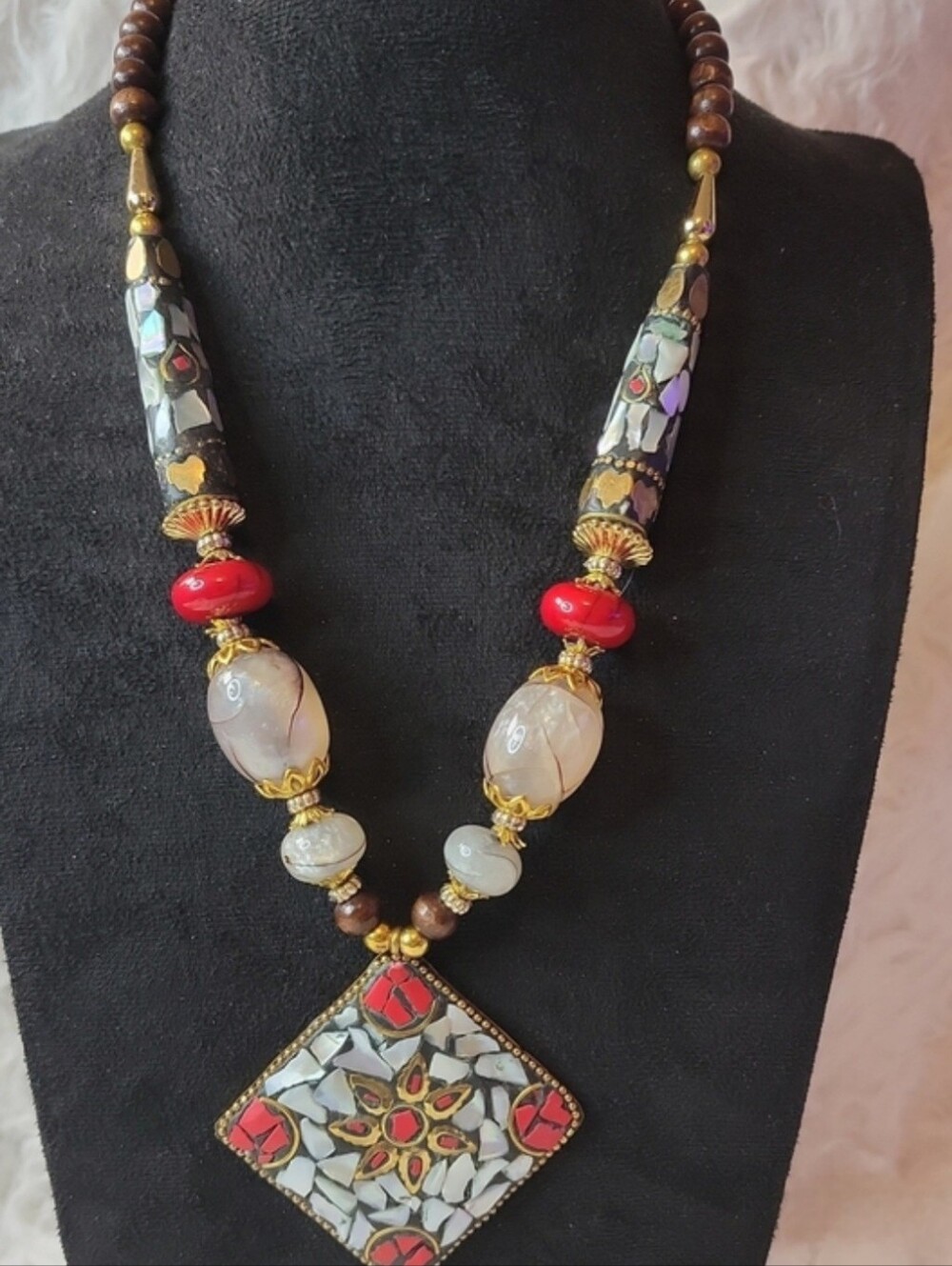 Handmade Boho Mosaic Ethiopian Opal & Coral Necklace